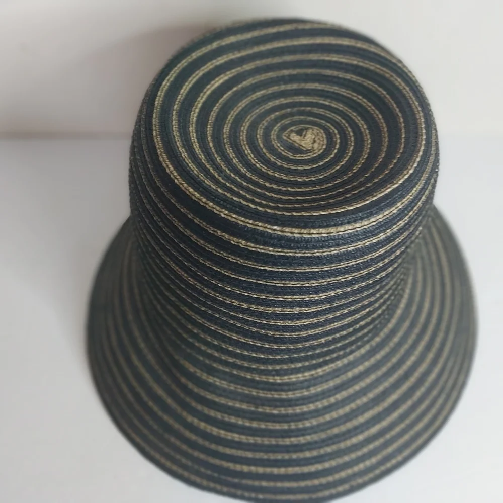 Eric Javits Navy and Natural Straw Hat with Gold Logo Button - Picture 3 of 8